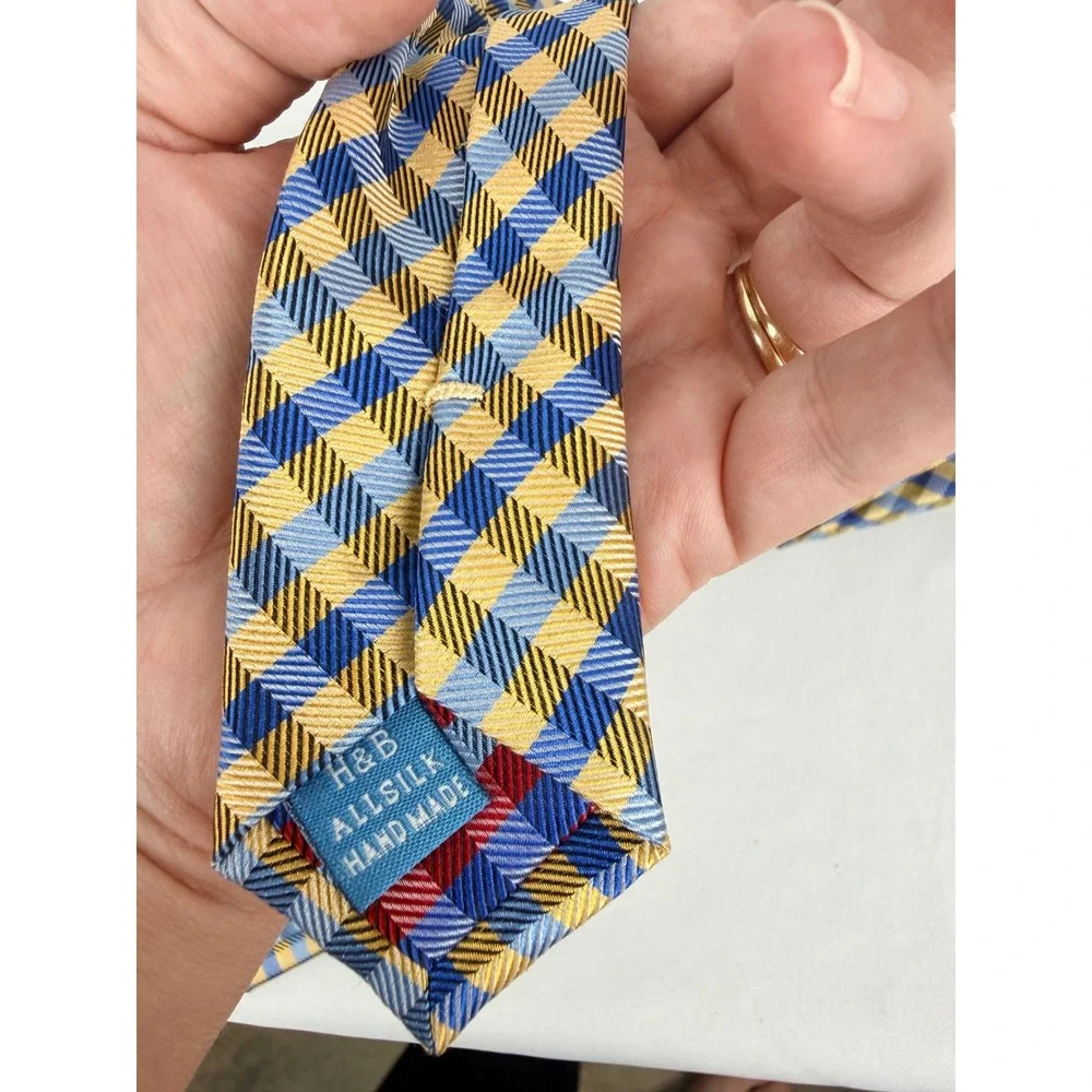 Haines & Bonner London Silk Tie Yellow Blue Gingham Check Handmade Mens